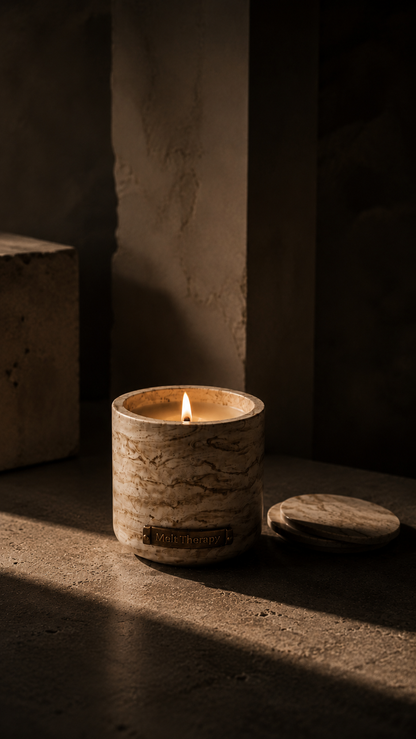 Úr - Melt Therapy candle sitting on a stone surface in a dark moody atmosphere.
