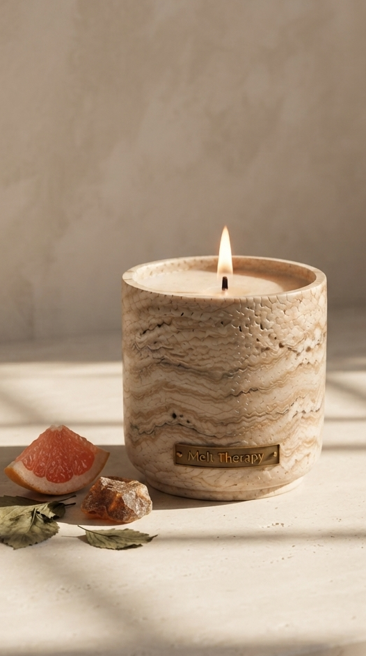 Úr - Melt Therapy grapefruit citrus musk patouli scented candle in refillable stone vessels.