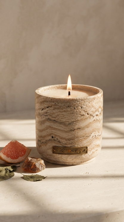 A lit scented candle in a textured beige stone-like vessel with a brass label reading 'Melt Therapy,' styled on a warm neutral surface with a grapefruit slice, dried leaves, and a small stone nearby.